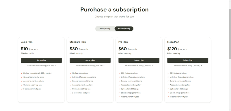 Midjourney purchase a subscription Monthly Billing