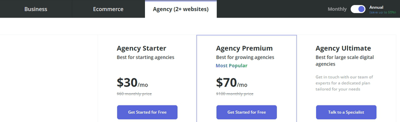 The pricing for different versions of the 10Web Agency (2+ websites) paid plan