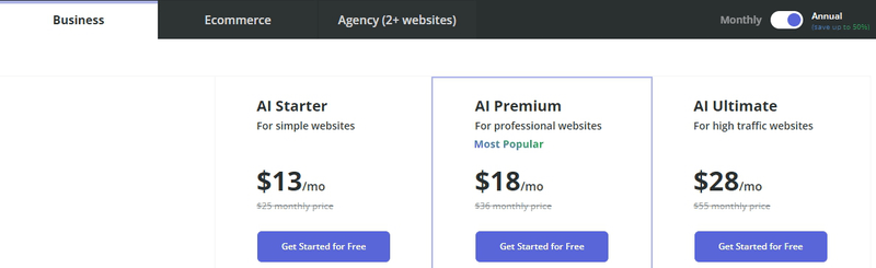 The pricing for different versions of the 10Web Business paid plan