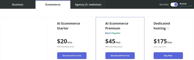 The pricing for different versions of the 10Web Ecommerce paid plan